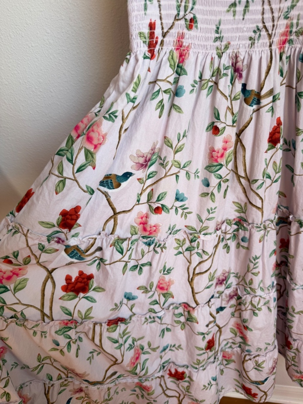 Hill House Home x Diane Hill Ellie Nap Dress Pink Floral Bird Print Smocked Midi - Picture 6 of 11